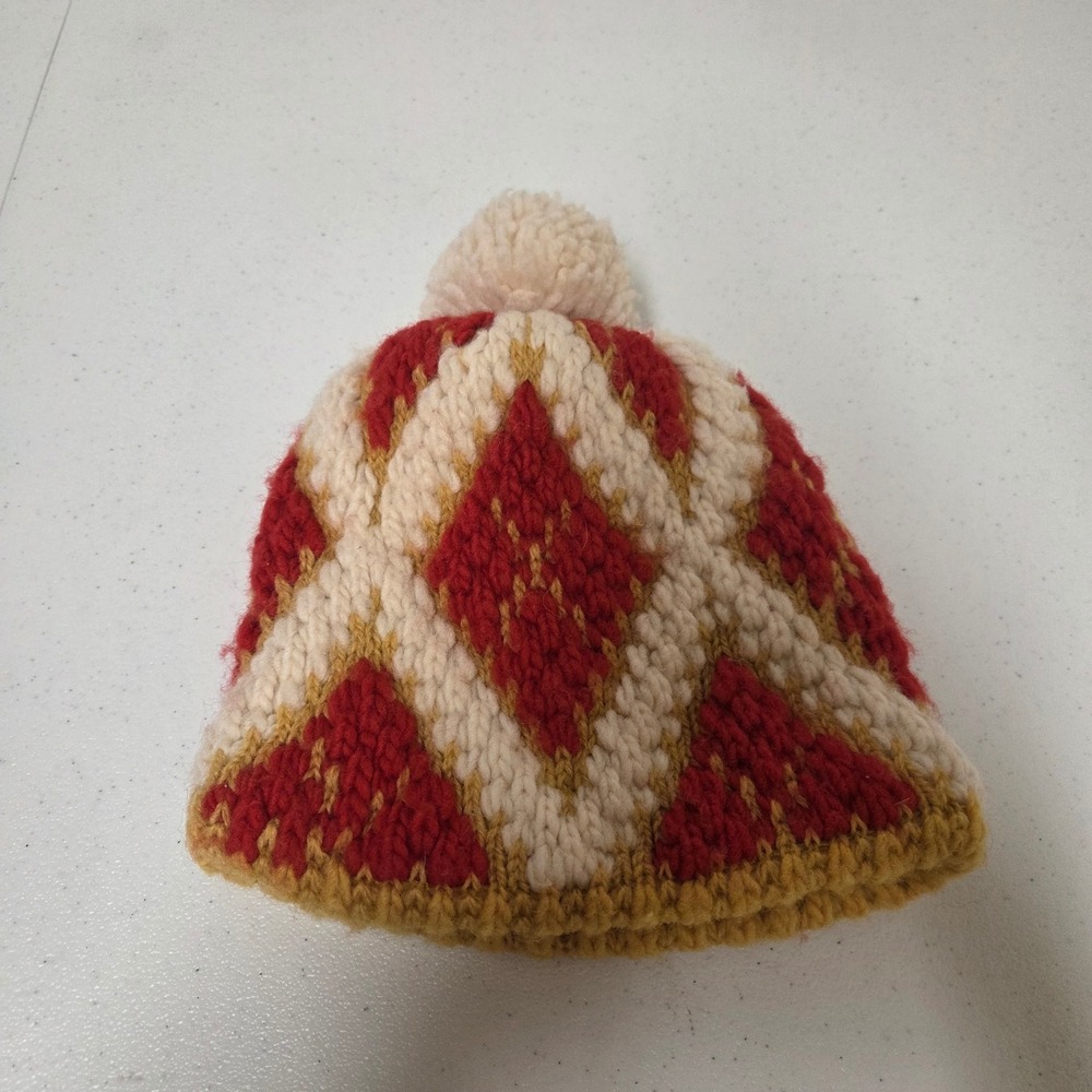Vintage Zwicker Chunky Knit Diamond Pom Pom Beanie Hat Red White Gold